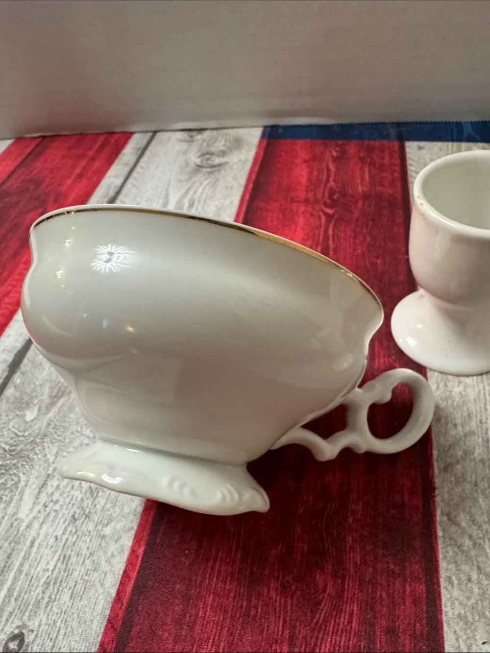Vintage White/Cream Ceramic Pedestal Tea Cup and Egg Cups Set